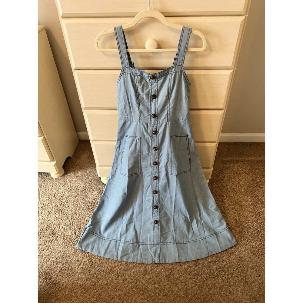 Midi Faux Denim Pinafore Dress With Pockets Adjustable Straps Women's Small